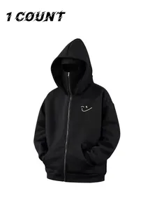 Thickened Fleece Hoodie Jacket for Teens Boys Girls, Smiley Graphic Print Zipper Pocket Design, Fall Winter Warm Schoolwear Coat