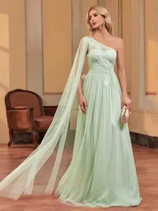 Women's Floral Jacquard One-shoulder Tulle Evening Dress, Elegant Chic Sexy Bridesmaid Dress for Party Ball Performance Wear, Ladies Clothes for Summer