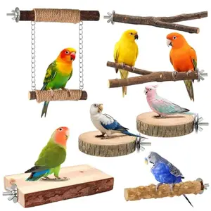 7-Piece Natural Wood Bird Perch Set for Cages - Multi-Branched Parrot Accessory Kit with Fork Toys, Hanging Platform, Hammock Swing, Gym Playstand, Beak Conditioning Chewing Toys - Durable for Parakeets, Ideal for Play & Rest