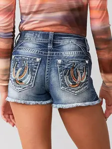 Women’s Western Horseshoe Embroidered Denim Shorts, Casual Summer Womenswear Bottom with Distressed Frayed Raw Hem