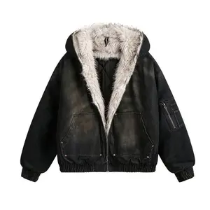 Men's American street washed denim padded cotton jacket, winter fleece - lined outerwear, men's wasteland - style cotton coat Patchwork Hooded  men leatherjacket couple sweatshirt(Raincoats)
