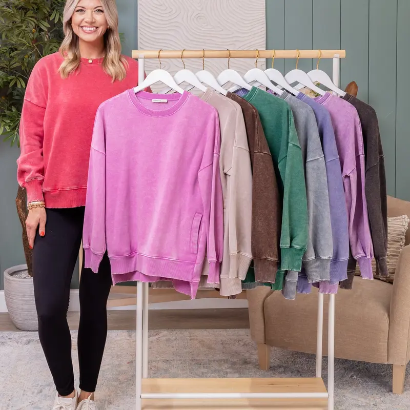 Zenana Acid Wash Fleece High Low Hem Pullover | S - 3X
