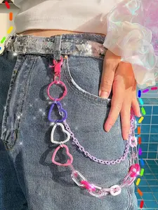 Two-Layer Heart-Shaped Denim Pocket Chain Rainbow Flower Waist Belt Chain Acrylic Women's Rock Pants Hip Hop Pants Hanging Chain