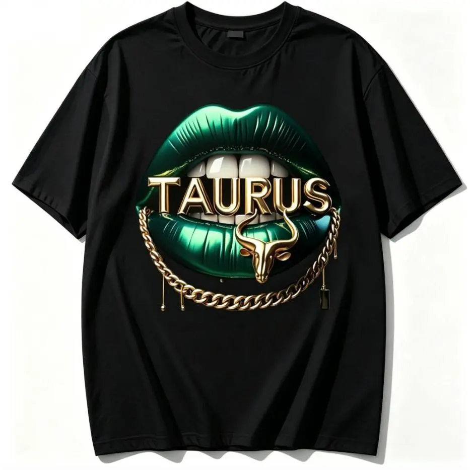 Casual Graphic Tee for Women with Taurus Gold Chain Lips Print, Streetwear Short Sleeve Round Neck Cotton Blend Top
