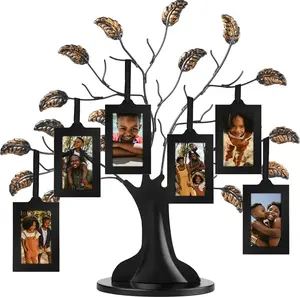 Family Tree Picture Frame - Includes 6 Hanging 2x3 Picture Frames - Adjustable Ribbon Tassels - Ideal as Mother’s Day Gifts, Birthday Gifts, or Christmas Decor - Black and Bronze