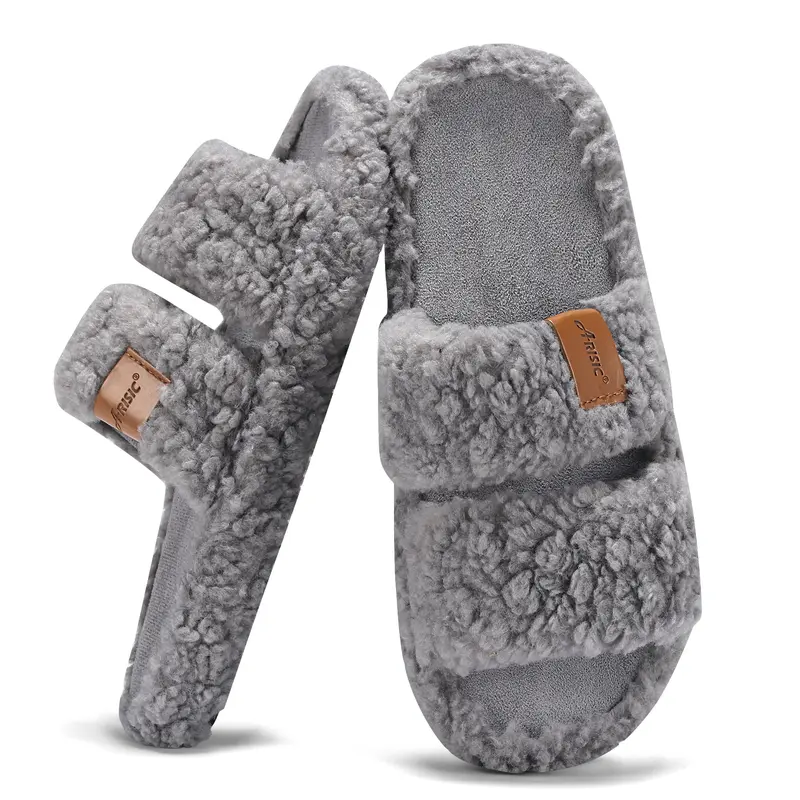 Women's Fuzzy Open-Toe Slide House Slippers - Memory Foam, Anti-Slip Grip Sole, Lightweight, Cozy Winter Plush Footwear, Indoor/Outdoor, Machine Washable, Ideal Gifts