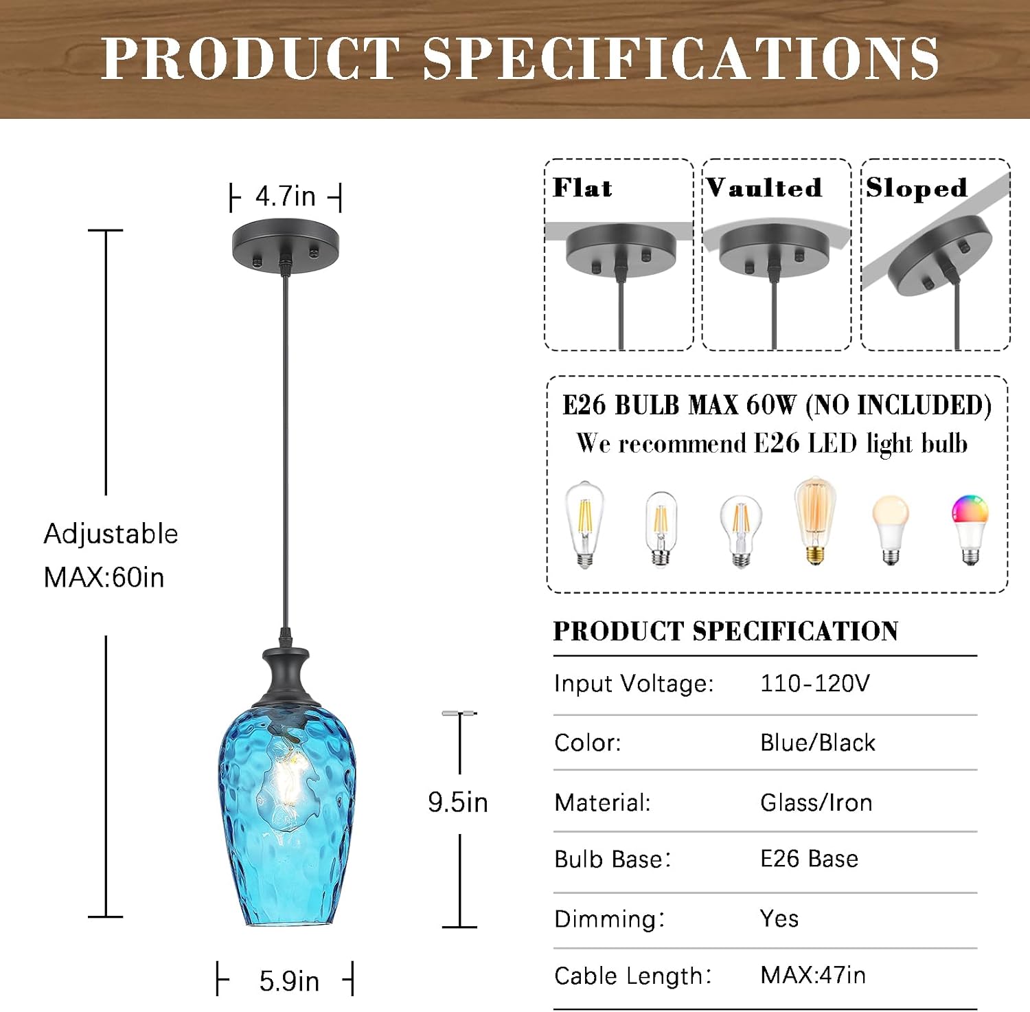 Glass Pendant Lights Kitchen Island, 1-Light Blue Pendant Light Fixtures with Hammered Glass Modern Farmhouse Hanging Light for Kitchen Sink Dining Room Bedroom