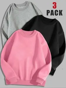 Women's Long Sleeve Pullover Sweater Set, Sweatshirts, Casual Fitted Round Neck Top, Fall & Winter Warm Clothing, Letter Pattern Design, Solid