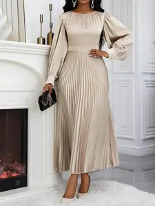 2026 Women's Plain Pleated Long Sleeve Fitted Dress, Elegant Chic for Spring & Fall, Clothing Everyday Daily Wear, Classy Modest Formal Dresses, Womenswear, Style Lady, Curve Hugging, Day Out, Versatile, Breathable