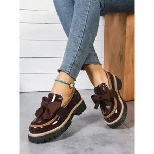 Women's Plus Size Fall Winter Loafers, Pure Color Bow Decor, High-End Leather Feel, Thick Sole Fashion Single Shoes, Butterfly Decorated Loafers