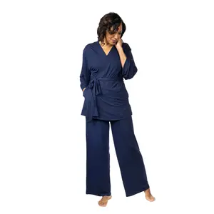 Home Recovery Pajamas in Navy Blue - Comfortable Top with Long Sleeves & Adjustable Waist Pants for Women - Breathable Fabric for Loungewear after Mastectomy, Hysterectomy