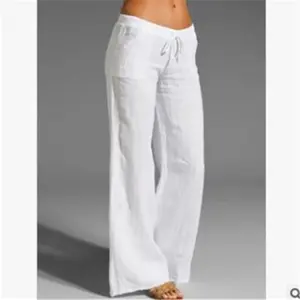 2025 New Women's High Waist Wide Leg Pants Big Leg Flared Pocket Cotton Linen Casual Pants Women Comfort Womenswear Bottom Comfortable Day Drawstring Everyday Street Style Suit Fit