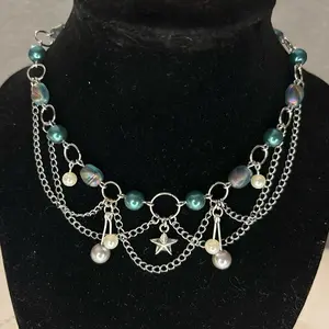 Deep Blue Choker with Pearls, Silver Chains, and Stars