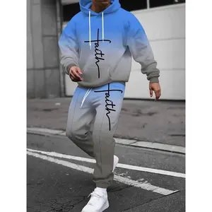 Autumn Winter Sports Sweatshirt Blue Gray Gradient Splicing Digital Printing Men's Pullover Hoodie + Long Pants Set Letter Print Fashion Casual Pullover Hoodie Long Sleeve Sweatshirt and Drawstring Sweatpants 2-Piece Set