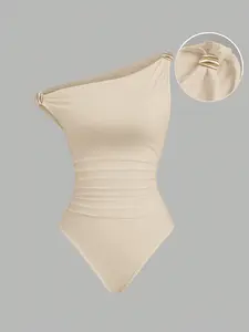 Elegant Special Metal Buckle Strapless Women's Fitted Jumpsuit, Casual Plain Minimalist Design, All Seasons Wear, No Ca Prop 65 Warning