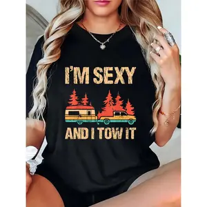 Women's "I'm Sexy & I Tow It" T-Shirt, Retro Truck Camper Pine Tree Graphic, Casual Outdoor Camping Hiking Tee for Female Enthusiasts 100% Cotton T-shirt