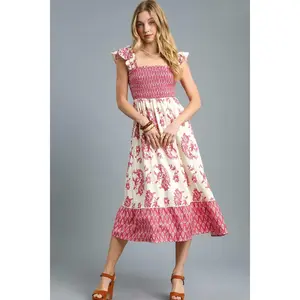 Umgee Printed Smocked Midi Dress with Ruffle Details