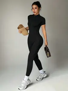 Stand Collar Zipper Short Sleeve Jumpsuit, High Elastic Tight Fit Fabric, Durable Anti-Slip Riding Jumpsuit for Daily Wear