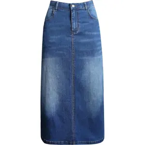 Long Denim Skirt for Women Casual A-Line Denim Maxi Skirt Stretch High Waisted Jean Skirt with Pocket BlueGift