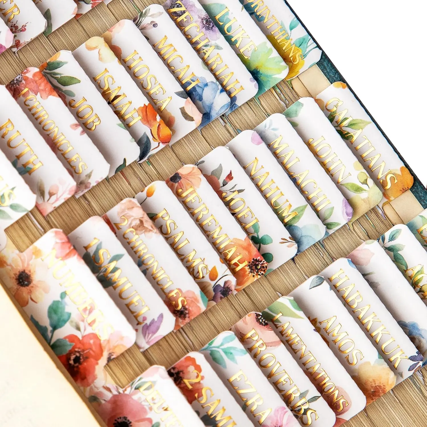 Bible Tabs, 105 Floral Laminated Large Print Index Tabs Kit for Women & Men, 66 Pre-Printed Chapter Stickers for Old & New Testament + 39 Blank for DIY, with Alignment Ruler, Easy to Apply & Organize