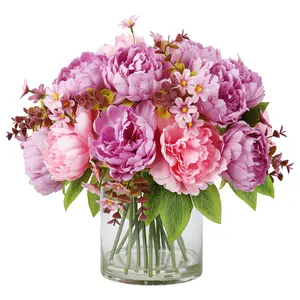 Real Touch Artificial Peony Bouquet in Glass Vase with Faux Water - Lifelike Flowers Arrangement for Home Decor, Table Centerpiece