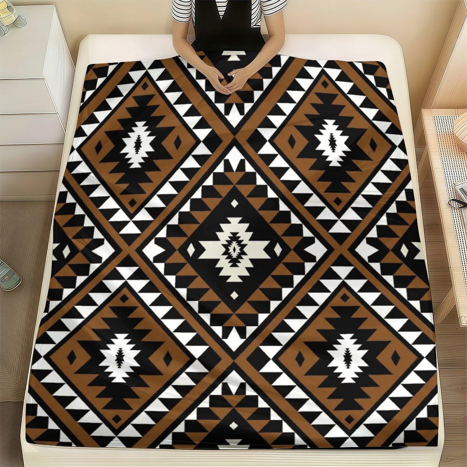 Navajo Southwestern Tribal Fleece Blanket, Aztec Geometric Print Soft Cozy Throw, Brown Black Boho Western Home Decor Gift for Couch Bed