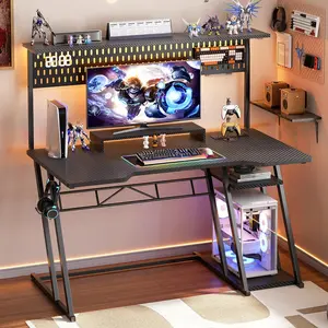47Inch Gaming Desk with LED Lights and Power Outlets, Reversible Computer Desk with Hutch and Storage Shelves, PC Gaming Desks with Pegboard