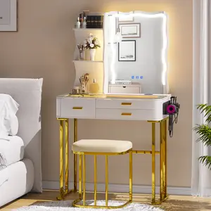 RGB Makeup Vanity Desk with Wireless ChargingStation,7 Dynamic and 7 Static Dimmable Vanity Tablewith Visible Glass Top,Auto Sensor LED Make up Vanitywith Mirror and Lights,Stool