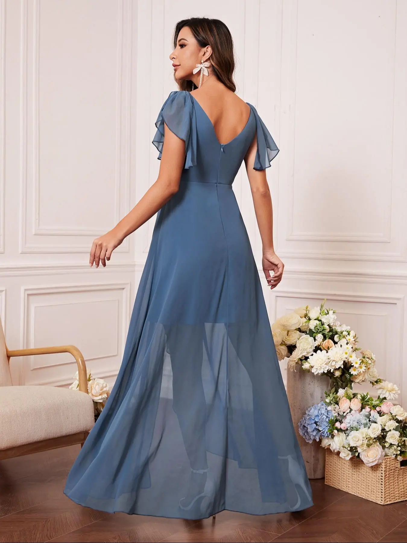 chiffon butterfly sleeve dress A-line Ankle Length Scoop Chiffon Butterfly Sleeve Mother of Bride Dress, Embroidery