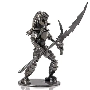 Dual Wielding Predator with Spear Inspired Recycled Metal Sculpture