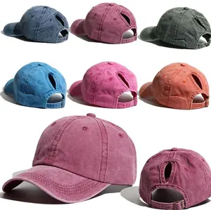Womens Washed Cotton Criss Cross Ponytail Baseball Cap - Adjustable High Messy Bun Ponycap Quick Drying Hat Hole stylish headwear open  hats
