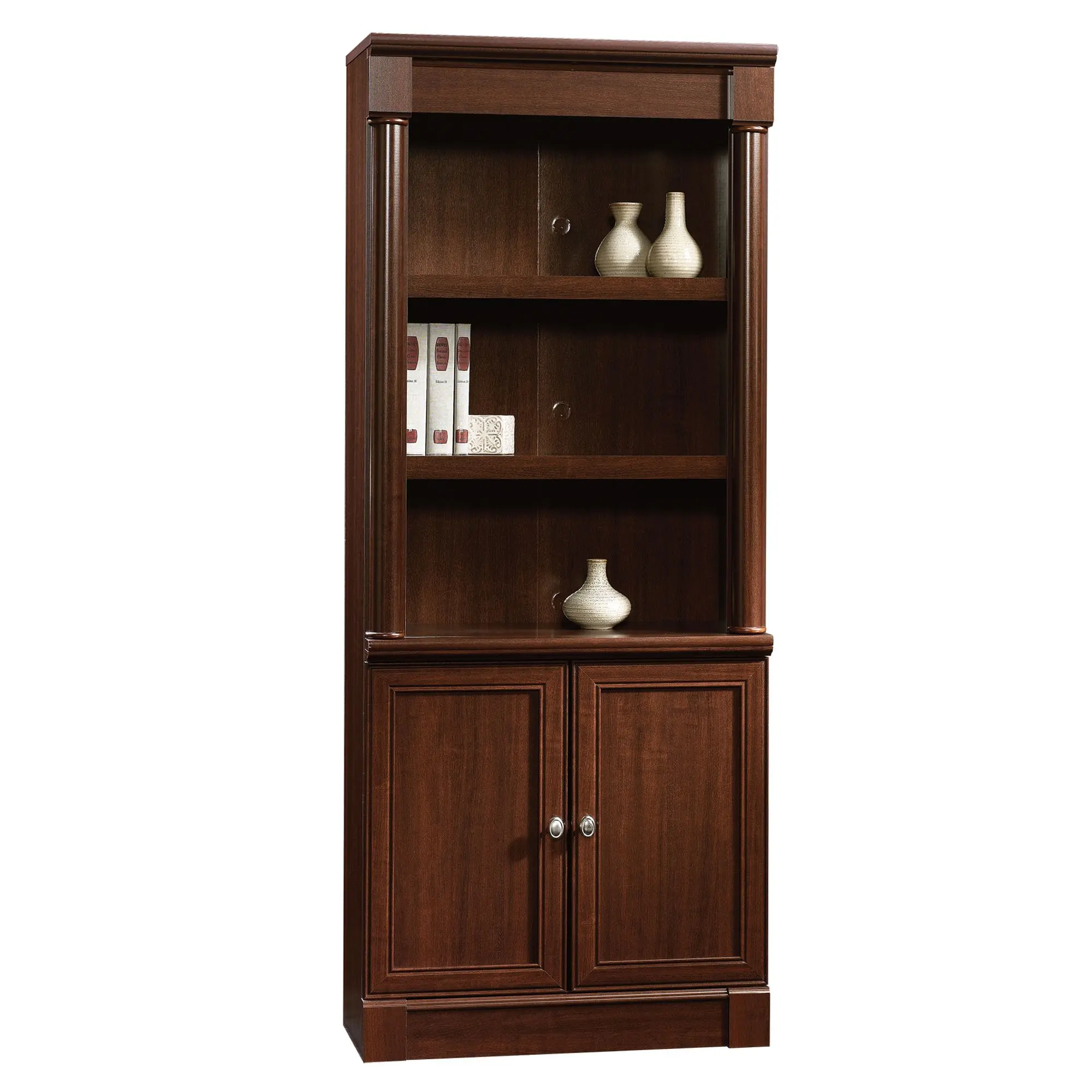 Sauder Palladia Wooden Book Shelf with Doors - Tall, Adjustable Shelves, Hidden Storage - Classic Indoor Furniture for Living Room, Office