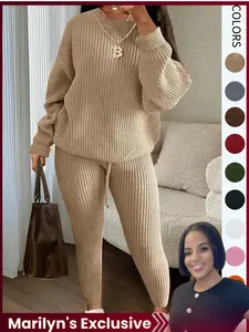 Women's Solid Drop Shoulder Long Sleeve Sweater & Drawstring Waist Pants Set, Adjustable, Casual Cozy Knitwear for Daily Outdoor Wear, Ladies Fall & Winter Clothes, Women's 2 Pcs Sweater Set, Fall/Winter Outfits, Casual Loungewear