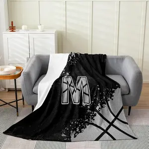 Basketball Letter Fleece Blanket Personalized Initial A-Z Flannel Blanket Ball Sports Alphabet Print Fuzzy Plush Throw For Kids Boys Teen,Black And Grey Sports Theme Decor For Bed Couch
