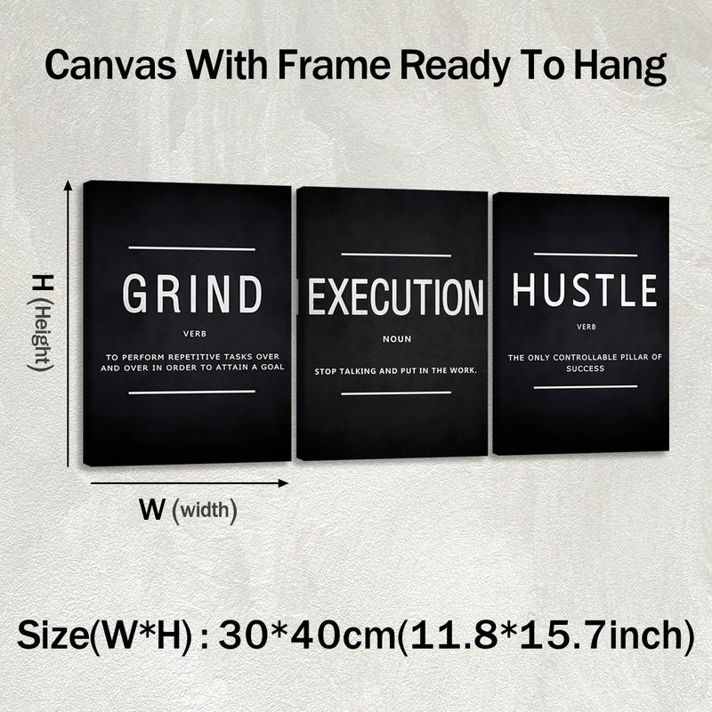 3pcs Wooden Framed Canvas Wall Art, GRIND, EXECUTION, HUSTLE Modern Classic Art Deco Style, Waterproof & Odorless HD 8K Print, Indoor/Outdoor Home Decor for Living Room, Bedroom, Office - Perfect Gift for Friends & Family