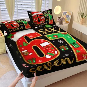Number 6 and 7 Christmas elements design non fading fitted sheet, comfortable printed pattern, including 1 bed sheet and 2 pillowcases, comfortable bedding, anti slip dust cover for holiday bedroom decoration for both youth and adults, Bed Sheets Set