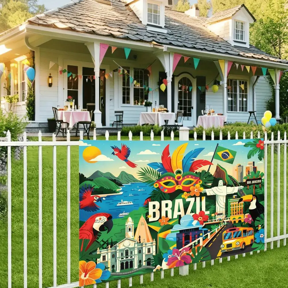 1-Piece Polyester Culture Carnival Party Banner - Vibrant Christ the Redeemer & Sugarloaf Mountain Design, Durable Backdrop for Parties, Easy Setup, No Power Needed, All-Season Indoor/Outdoors Use