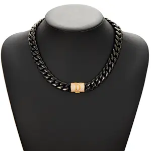 Collar Cubano Negro Personalizado con 26 Letras Iniciales | Diseño Cifrado de Cierre Abatible de Oro | Joyería Hip Hop Anti-Deslustre para Uso Diario y Regalos