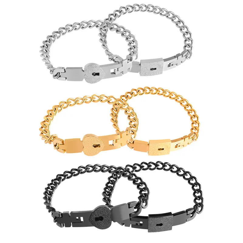 ORPHIC 2Pcs Lover Heart Love Lock Couple Bracelet with Lock Key Bangles Kit Couple Jewelry Gift
