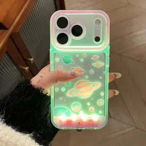 Cute Cartoon Phone Case, LED Glowing Rocket Design, Protective Cover for iPhone X/XR/XS MAX/11/12/13/14/15/16/17 Pro/Plus/Pro Max , Girls Gift
