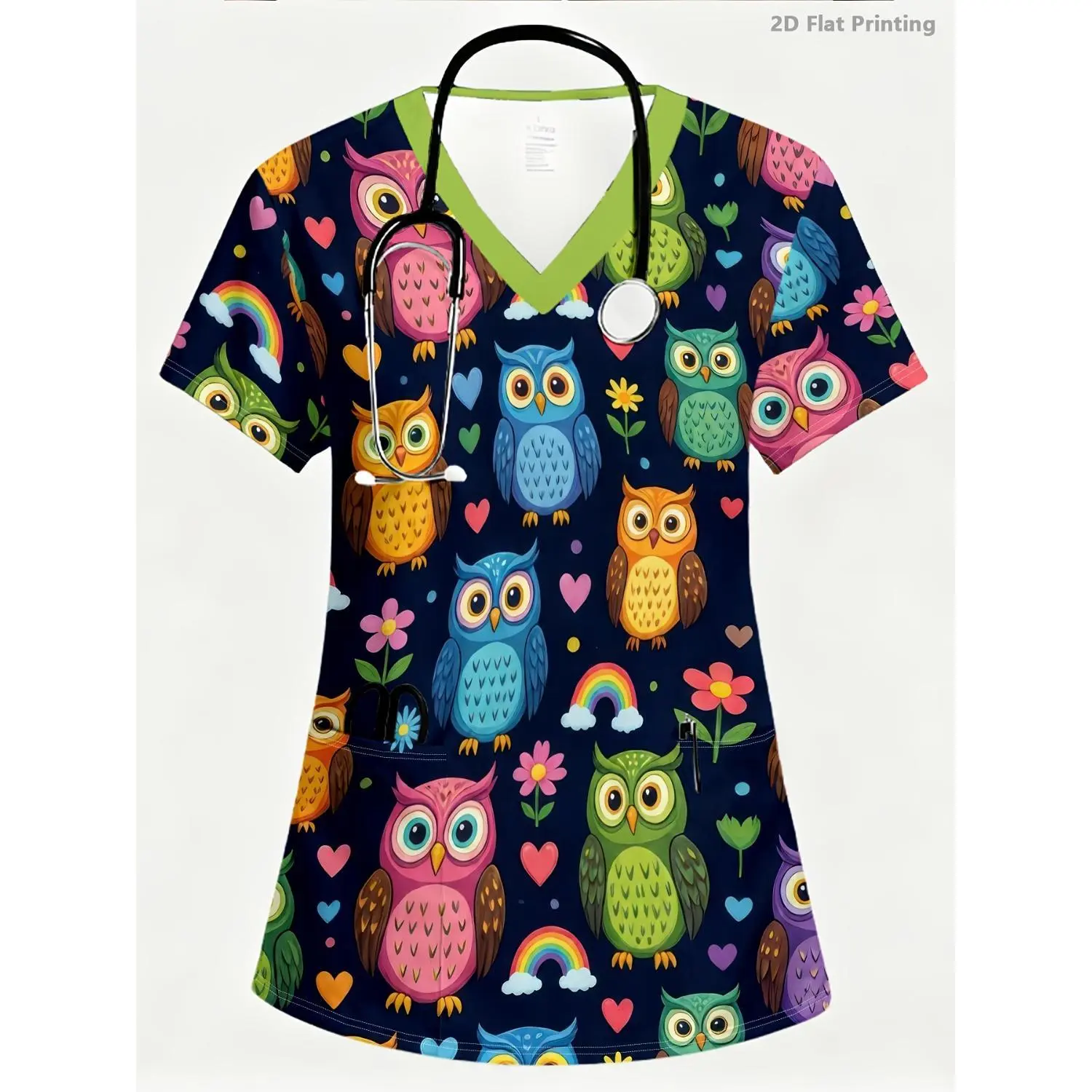 Rainbow Owl Floral Women’s Scrub Top - V-Neck Caregiver Uniform with Pockets, Breathable Lightweight Dark Navy Animal Print Workwear
