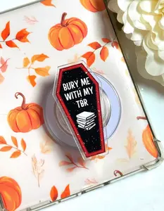 Bury Me With My TBR Coffin Phone Grip, Funny Bookish Phone Stand, Spooky Coffin Aesthetic Holder, Dark Academia Gift for Book Lovers, Gothic Reading Accessory, Sparkly Coffin Phone Topper