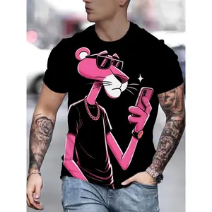 Men's Novelty 3D Print Fashion T-Shirt - Casual Black Polyester Tee with Pink Cartoon Character Design, Round Neck, Machine Washable