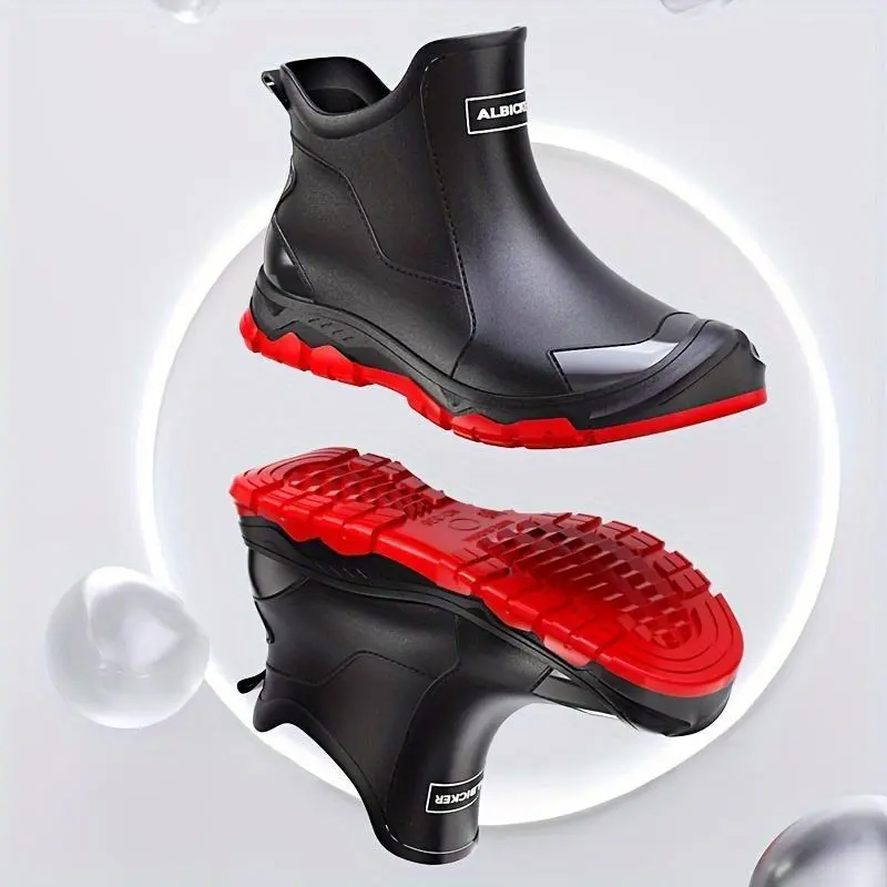 Men'sWaterproofShortRainBoots-ComfortableSlip-OnShoeswithStainResistant,Non-SlipFeatures,RoundToeDesign,SolidColorOutdoorFootwearforAll-SeasonWear Men'sWaterproofShortRainBoots-ComfortableSlip-OnShoeswithStainResistant,Non-SlipFeatures,RoundToeDesign,SolidColorOutdoorFootwearforAll-SeasonWear