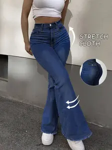 Women's Slim Fit Bootcut Jeans, Premium Denim Fabric, Elegant Stretch Flare Pants, Button, Casual Daily Wear, Y2K Style, All Seasons