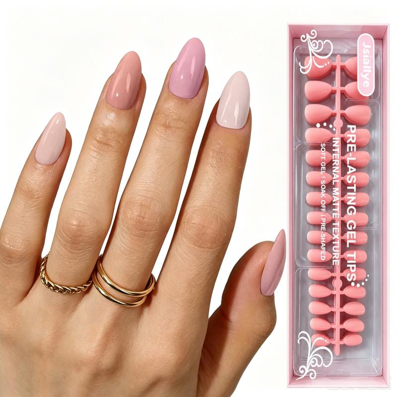 Jsiallye 150pcs Gel Nude Short Almond Nail Tips - 5 Shades, 15 Sizes, Salon-Quality Reusable Supplies, 4-Week Long-Lasting Wear, Easy Apply & Soak Off, No Stinging or Residue, Work & Home DIY Use, Women's Gift