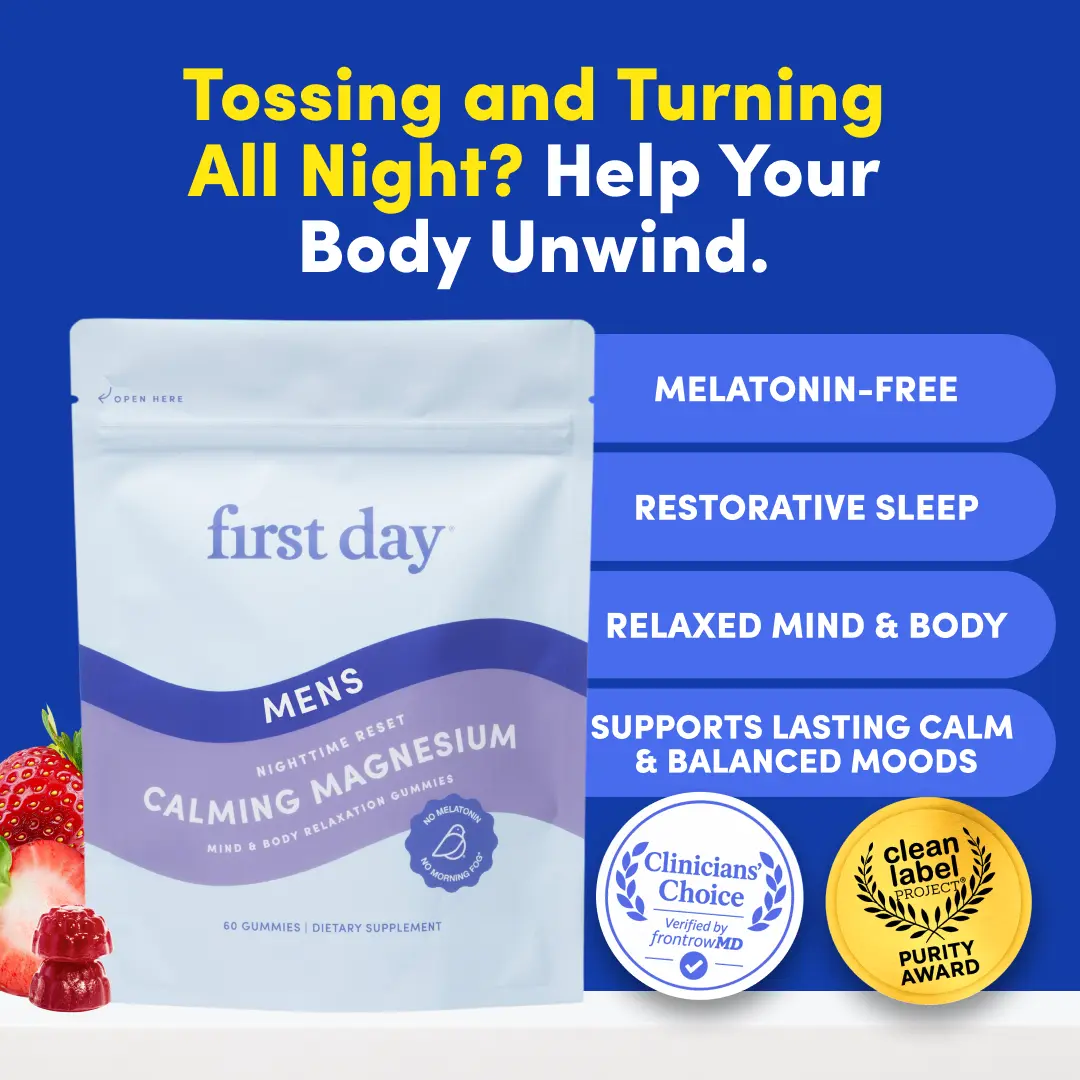 First Day Men's Nighttime Magnesium Gummies 18+, Natural Strawberry Flavor — Magnesium Citrate, Suntheanine, Zembrin — Relaxation, Restful Sleep, Muscle Recovery, Stress Relief — No Melatonin, 30-Day Supply, Vegan, Non-GMO, No Junk