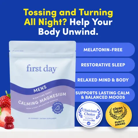 First Day Men's Nighttime Magnesium Gummies 18+, Natural Strawberry Flavor — Magnesium Citrate, Suntheanine, Zembrin — Relaxation, Restful Sleep, Muscle Recovery, Stress Relief — No Melatonin, 30-Day Supply, Vegan, Non-GMO, No Junk