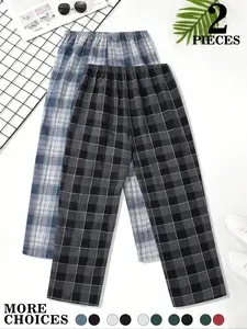 Men's Plaid Pajama Set, Elastic Waist Design, Soft Breathable Home Pants, Comfortable Sleepwear for All Seasons, Pajama Outfit