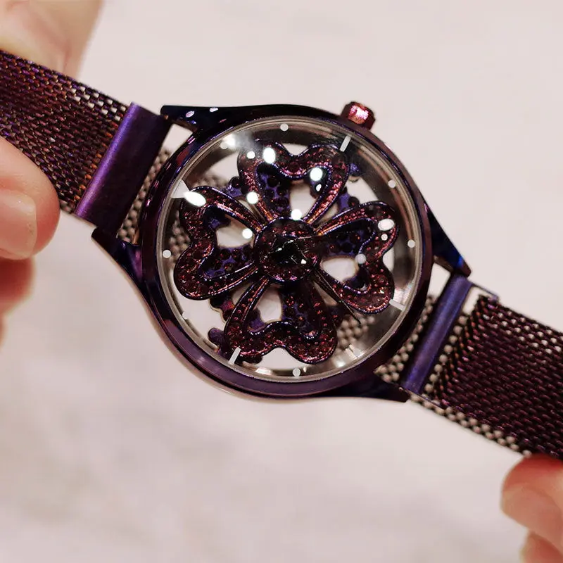 Trend simple rotated charm rhinestone turning round lucky four-leaf clover dial steel mesh belt women watches